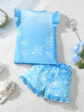 Young Girl 2pcs Cap Sleeve Shorts Set With Portrait Print